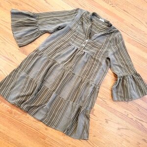 Cotton Bleu by Nu Label Olive green Linen dress bell sleeve cream stripes earthy